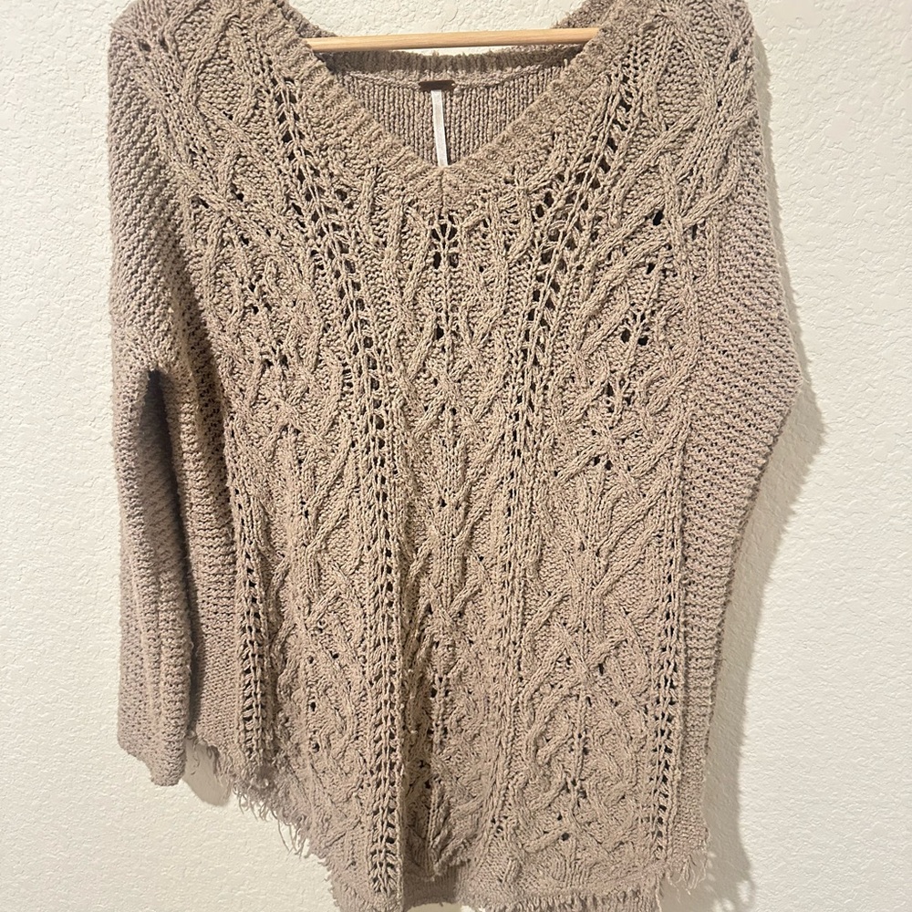 Free People V-Neck Cable Knit Sweater - Brown